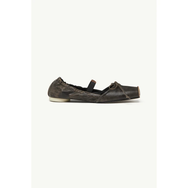 MM6 Maison Margiela Square-Toe Leather Ballerina Shoes in Doe Brown, view 2 | Flats | Luxury Shoes 