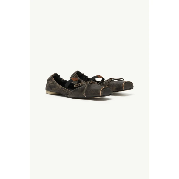 MM6 Maison Margiela Square-Toe Leather Ballerina Shoes in Doe Brown, view 3 | Flats | Luxury Shoes 