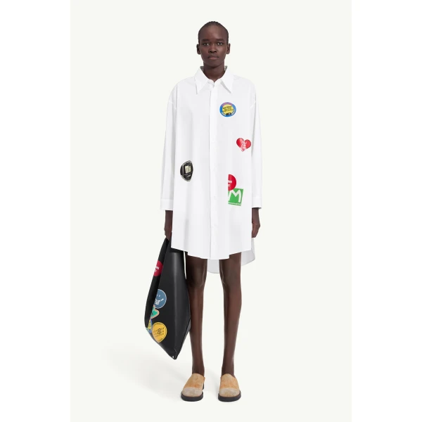 MM6 Maison Margiela Sticker-Print Cotton Poplin Dress in White, view 2 | Midi Dresses | Luxury Shoes 