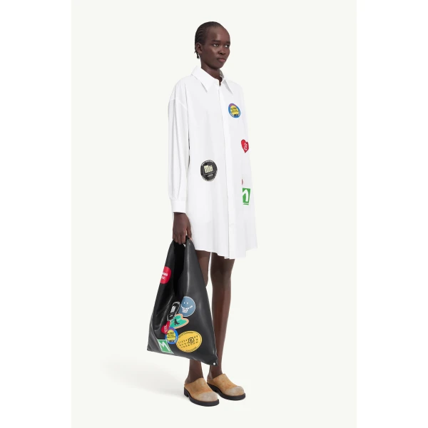 MM6 Maison Margiela Sticker-Print Cotton Poplin Dress in White, view 3 | Midi Dresses | Luxury Shoes 