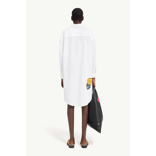 MM6 Maison Margiela Sticker-Print Cotton Poplin Dress in White, view 4 | Midi Dresses | Luxury Shoes 