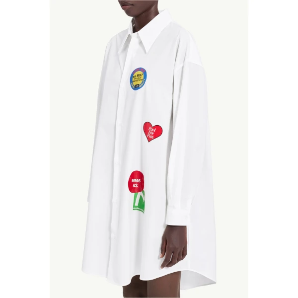 MM6 Maison Margiela Sticker-Print Cotton Poplin Dress in White, view 5 | Midi Dresses | Luxury Shoes 