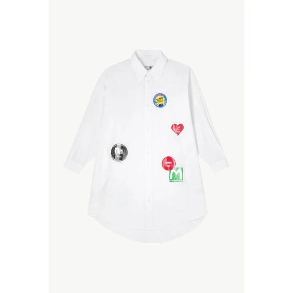 MM6 Maison Margiela Sticker-Print Cotton Poplin Dress in White, view 6 | Midi Dresses | Luxury Shoes 