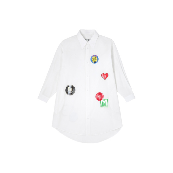 MM6 Maison Margiela Sticker-Print Cotton Poplin Dress in White | Midi Dresses | Luxury Shoes 
