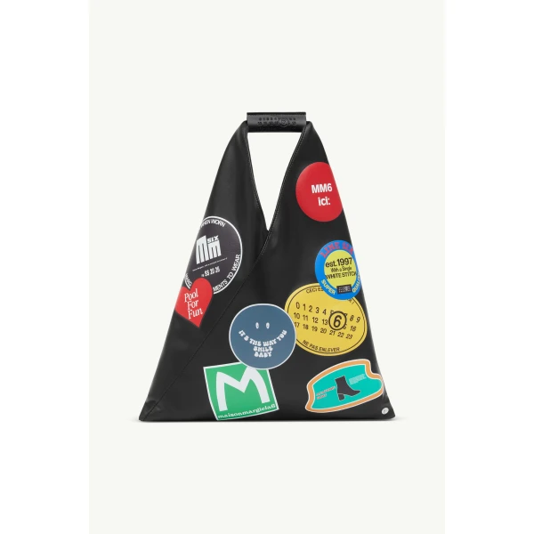 MM6 Maison Margiela Sticker-Print Japanese Bag Classic Small in Black, view 2 | Totes & Top-Handle Bags | Luxury Shoes 