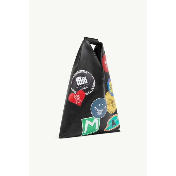 MM6 Maison Margiela Sticker-Print Japanese Bag Classic Small in Black, view 3 | Totes & Top-Handle Bags | Luxury Shoes 