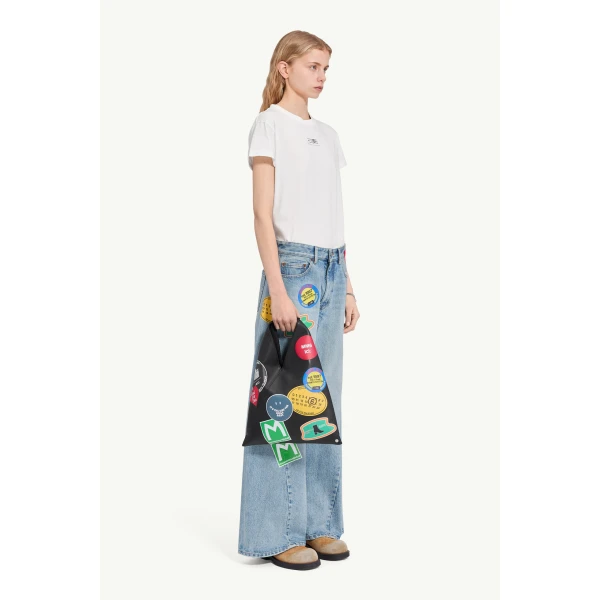 MM6 Maison Margiela Sticker-Print Wide-Leg Jeans in Blue, view 3 | Denim | Luxury Shoes 