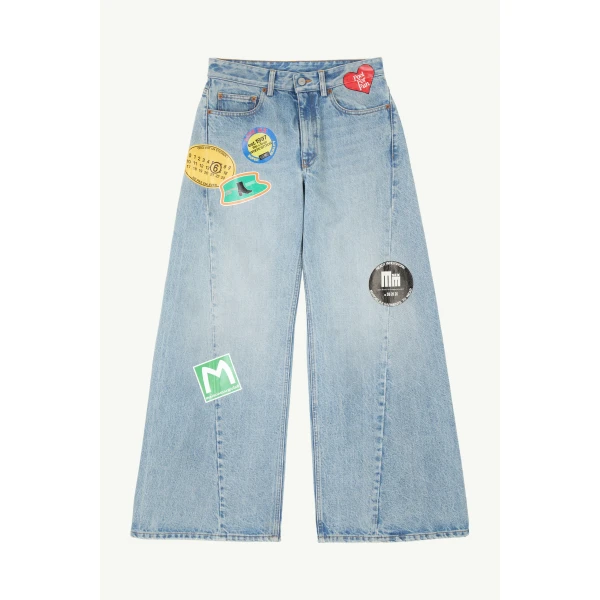 MM6 Maison Margiela Sticker-Print Wide-Leg Jeans in Blue, view 6 | Denim | Luxury Shoes 
