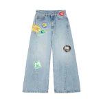 MM6 Maison Margiela Sticker-Print Wide-Leg Jeans in Blue | Denim | Luxury Shoes 