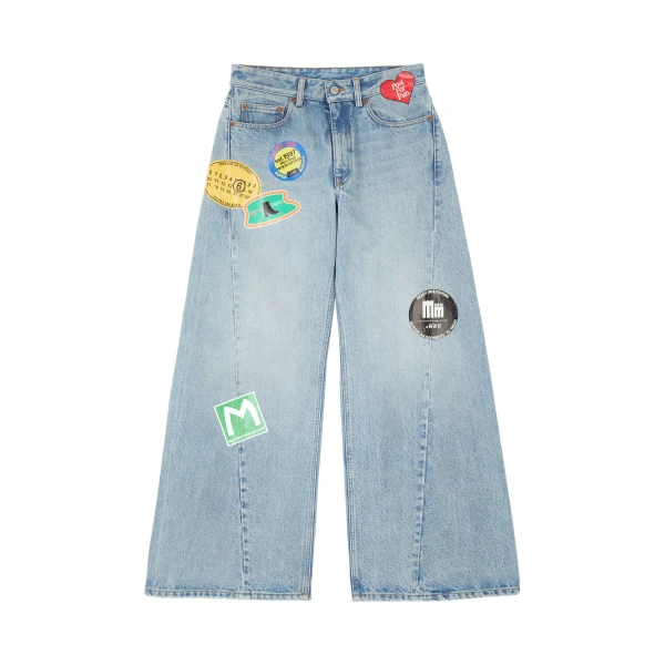 MM6 Maison Margiela Sticker-Print Wide-Leg Jeans in Blue | Denim | Luxury Shoes 