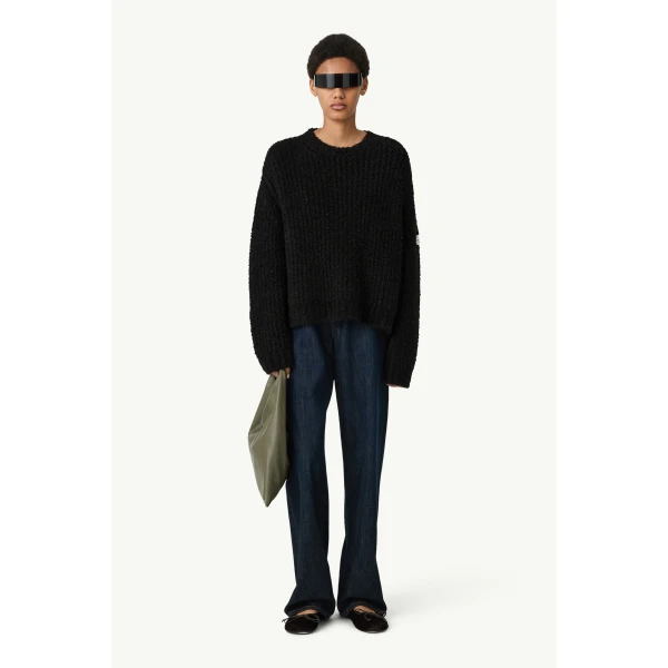 MM6 Maison Margiela Textured Knit Crew Neck Jumper in Black, view 2 | Sweaters | Luxury Shoes 