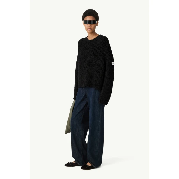 MM6 Maison Margiela Textured Knit Crew Neck Jumper in Black, view 3 | Sweaters | Luxury Shoes 