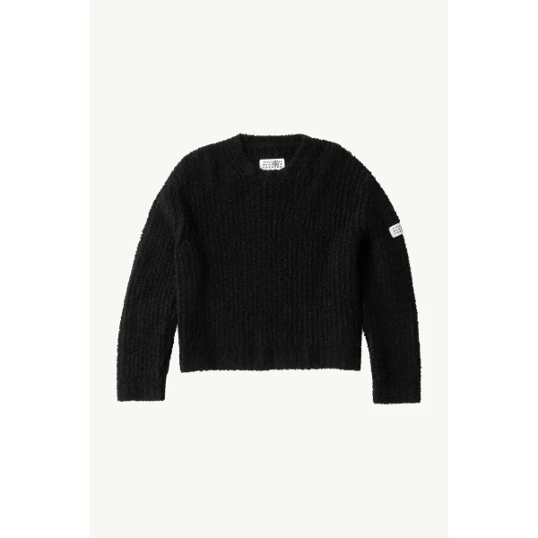 MM6 Maison Margiela Textured Knit Crew Neck Jumper in Black, view 5 | Sweaters | Luxury Shoes 
