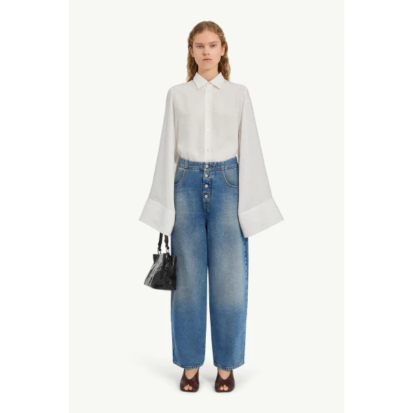 MM6 Maison Margiela Tobacco-Stitch Straight-Leg Jeans in Light Blue, view 2 | Denim | Luxury Shoes 