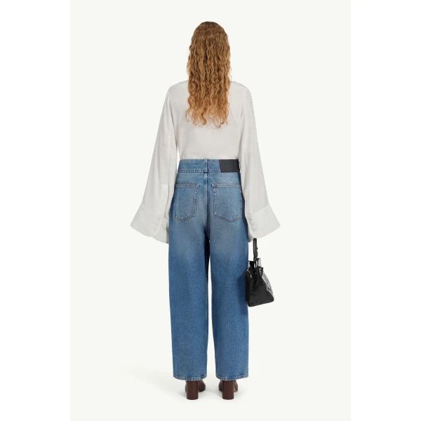 MM6 Maison Margiela Tobacco-Stitch Straight-Leg Jeans in Light Blue, view 4 | Denim | Luxury Shoes 