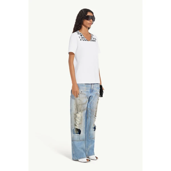 MM6 Maison Margiela V-Neck Sida T-Shirt in White, view 3 | T-shirts | Luxury Shoes 