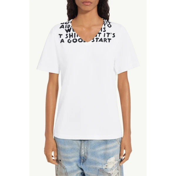 MM6 Maison Margiela V-Neck Sida T-Shirt in White, view 5 | T-shirts | Luxury Shoes 