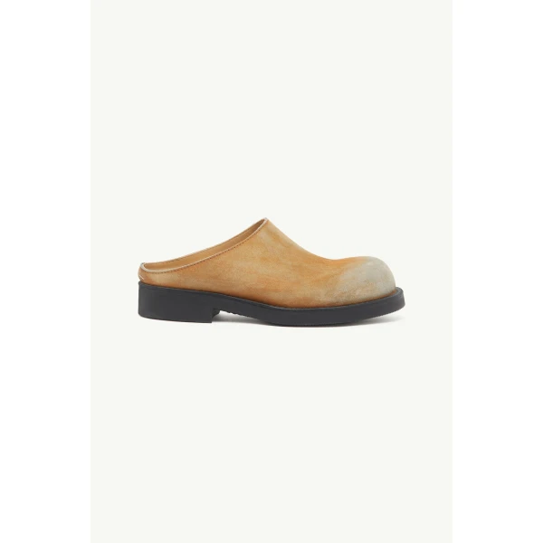 MM6 Maison Margiela Washed Suede Biker Mules in Almond, view 2 | Mules | Luxury Shoes 