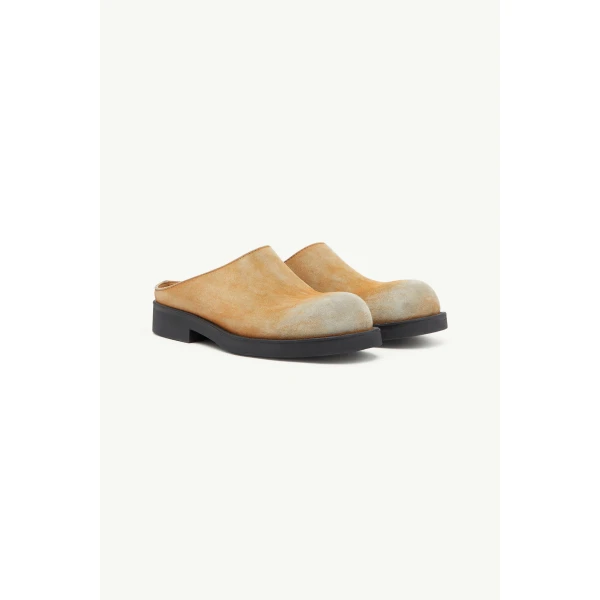 MM6 Maison Margiela Washed Suede Biker Mules in Almond, view 3 | Mules | Luxury Shoes 