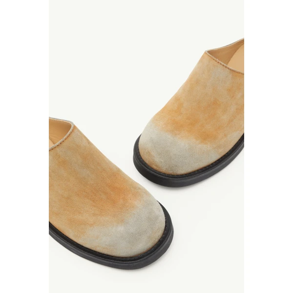 MM6 Maison Margiela Washed Suede Biker Mules in Almond, view 5 | Mules | Luxury Shoes 