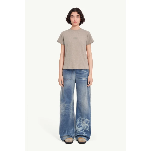 MM6 Maison Margiela Wool Blend Rib Jersey T-Shirt in Taupe, view 2 | T-shirts | Luxury Shoes 
