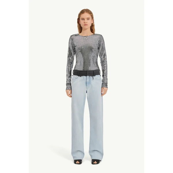MM6 Maison Margiela Wool-Waistband Straight-Leg Jeans in Light Blue, view 2 | Denim | Luxury Shoes 