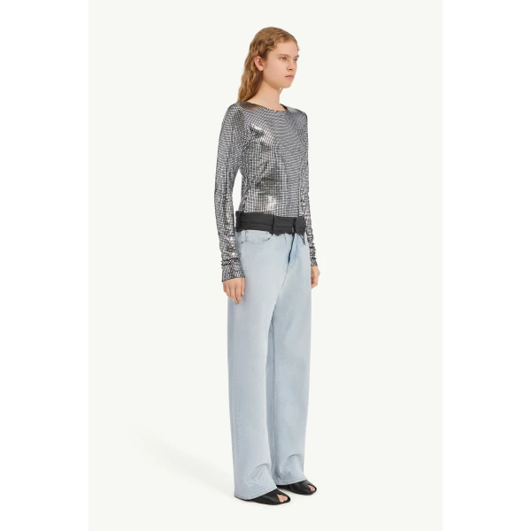MM6 Maison Margiela Wool-Waistband Straight-Leg Jeans in Light Blue, view 3 | Denim | Luxury Shoes 