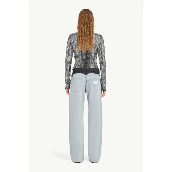 MM6 Maison Margiela Wool-Waistband Straight-Leg Jeans in Light Blue, view 4 | Denim | Luxury Shoes 