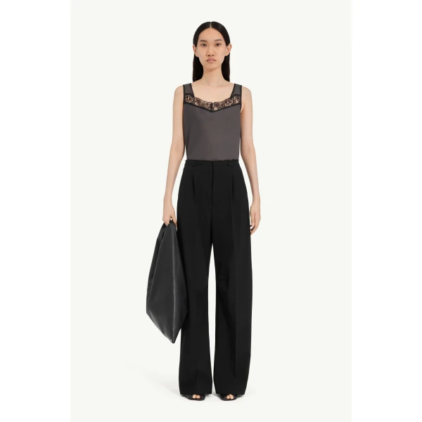 MM6 Maison Margiela Wool Wide-Leg Trousers in Black, view 2 | Wide leg pants | Luxury Shoes 