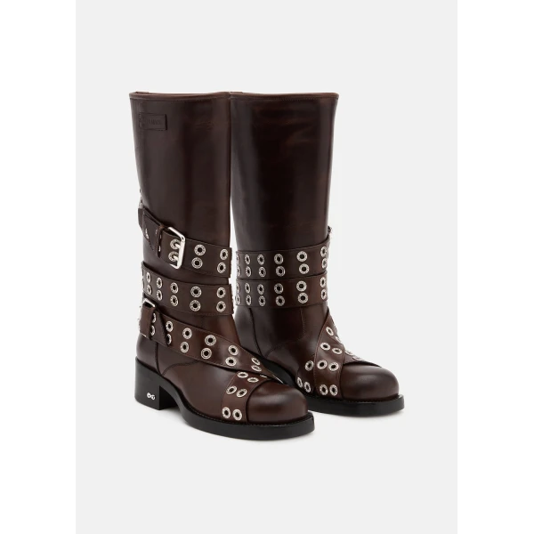 Beige Mach & Mach Buckle Belt Vintage Leather Combat Boots in Brown, view 2 | Boots