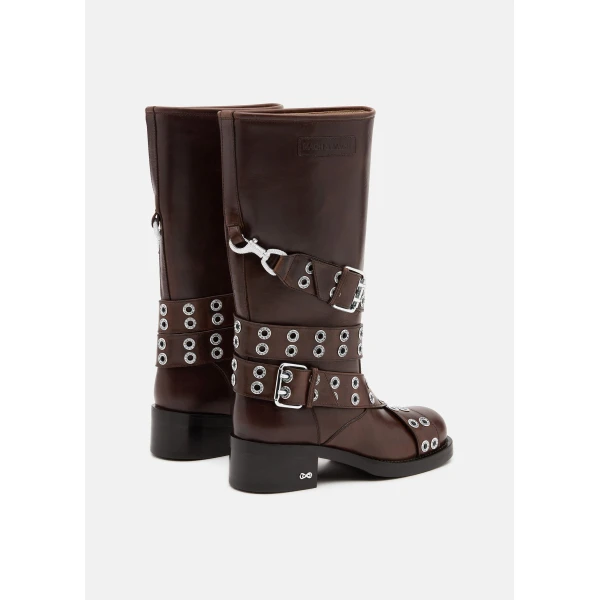 Beige Mach & Mach Buckle Belt Vintage Leather Combat Boots in Brown, view 4 | Boots