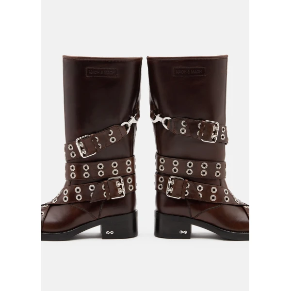 Beige Mach & Mach Buckle Belt Vintage Leather Combat Boots in Brown, view 5 | Boots