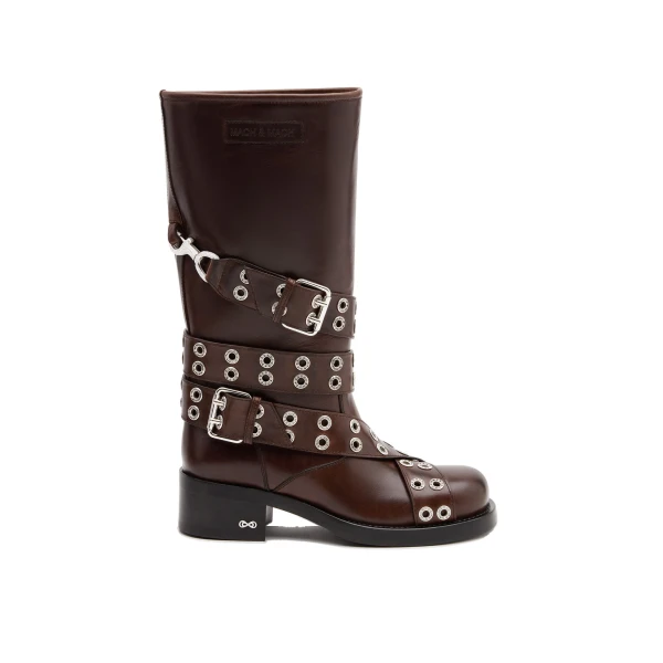 Buckle Belt Vintage Leather Combat Boots in Brown