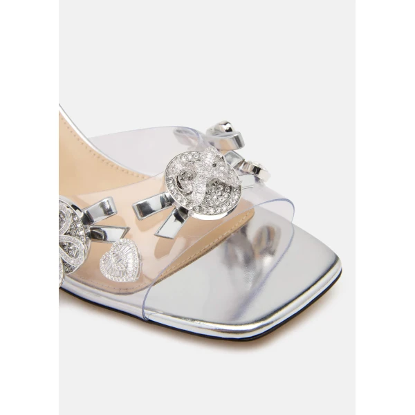 Metallic Mach & Mach Crystal Button PVC Mules 65mm in Silver, view 5 | Mules