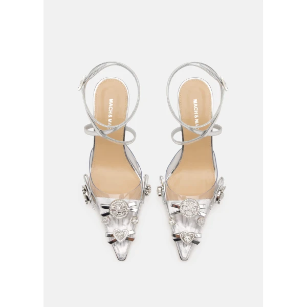 Metallic Mach & Mach Crystal Button PVC Pumps in Silver, view 3 | Heels