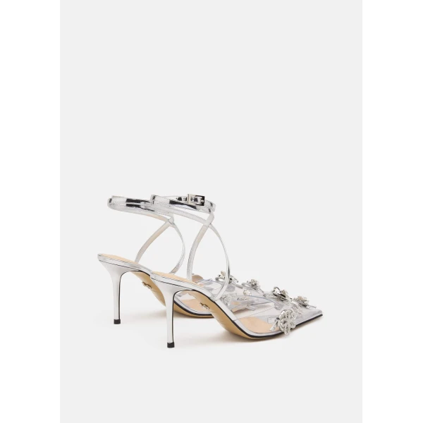Metallic Mach & Mach Crystal Button PVC Pumps in Silver, view 4 | Heels