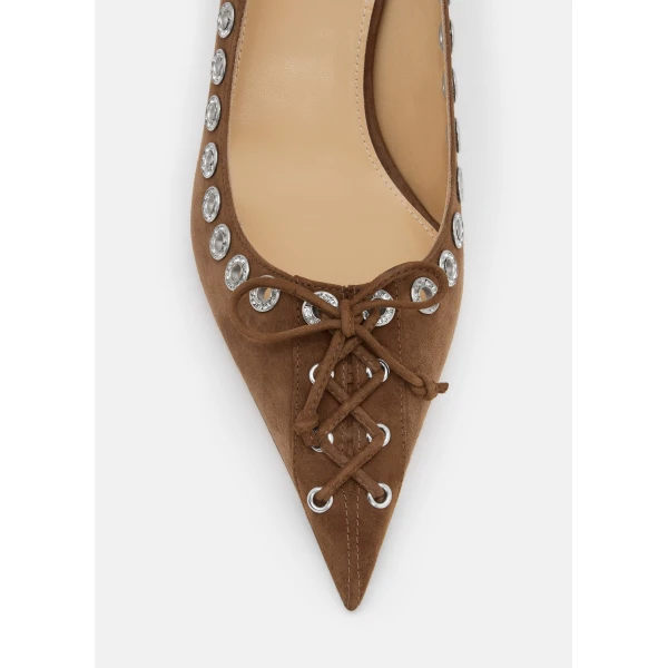 Beige Mach & Mach Crystalized Corset Pointed Toe Pumps in Dark Brown, view 5 | Heels