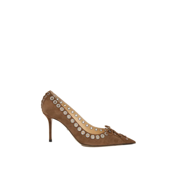 Crystalized Corset Pointed Toe Pumps in Dark Brown