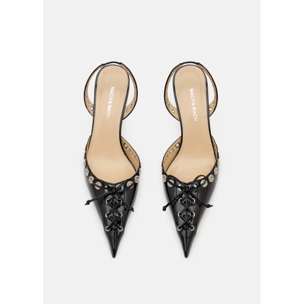 Black Mach & Mach Crystalized Corset Pointed Toe Slingback in Black, view 3 | Heels