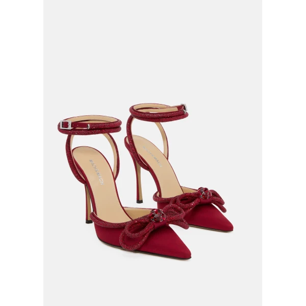 Red Mach & Mach Double Bow Bordeaux Satin High Heels, view 2 | Heels