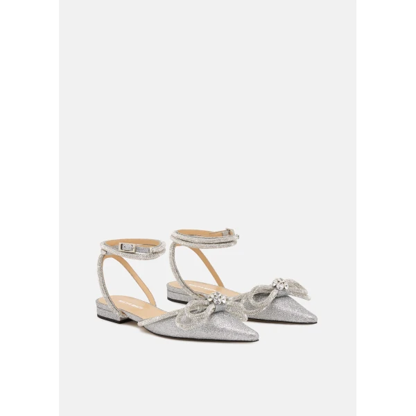 Metallic Mach & Mach Double Bow Glitter Flats with Ankle Strap in Silver, view 2 | Flats