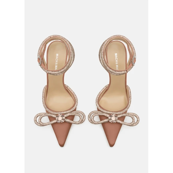 Beige Mach & Mach Double Bow Golden Brown Satin High Heels, view 3 | Heels