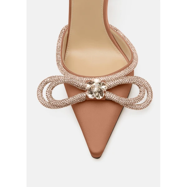 Beige Mach & Mach Double Bow Golden Brown Satin High Heels, view 5 | Heels