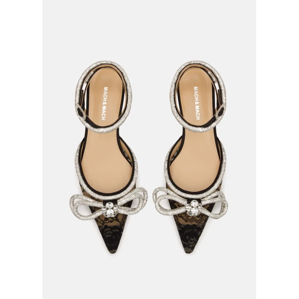 Black Mach & Mach Double Bow Lace Flats in Black, view 3 | Flats