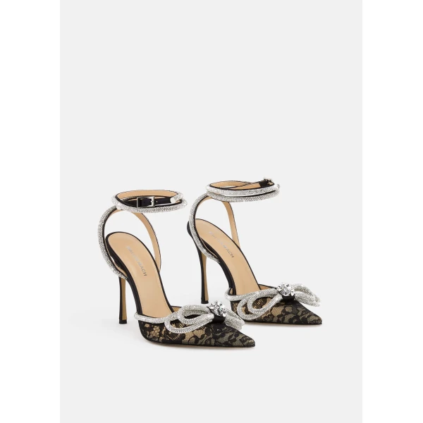 Black Mach & Mach Double Bow Lace Pumps 110mm in Black, view 2 | Heels