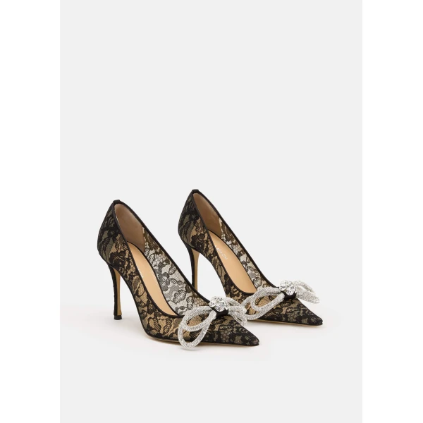Black Mach & Mach Double Bow Lace Pumps 95mm in Black, view 2 | Heels