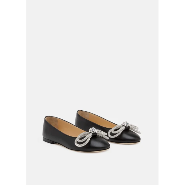 Black Mach & Mach Double Bow Leather Flats in Black, view 2 | Flats