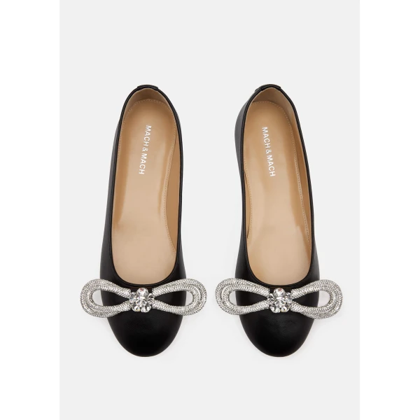 Black Mach & Mach Double Bow Leather Flats in Black, view 3 | Flats