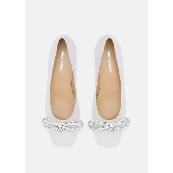 White Mach & Mach Double Bow Satin Flats in White, view 3 | Flats