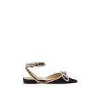 Black Mach & Mach Double Bow Satin Flats with Ankle Strap in Black | Shoes